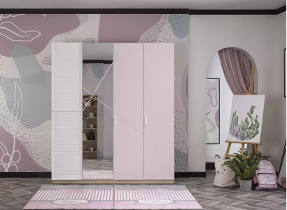 Wardrobe Wardrobe Childrens room Wood Pink Mirror 4 doors Moden